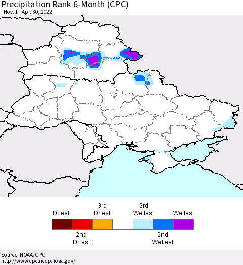 Ukraine, Moldova and Belarus Precipitation Rank since 1981, 6-Month (CPC) Thematic Map For 11/1/2021 - 4/30/2022