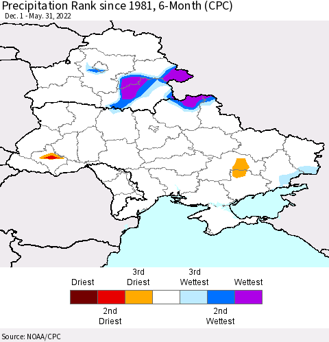 Ukraine, Moldova and Belarus Precipitation Rank since 1981, 6-Month (CPC) Thematic Map For 12/1/2021 - 5/31/2022
