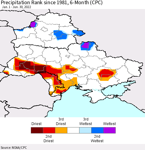 Ukraine, Moldova and Belarus Precipitation Rank since 1981, 6-Month (CPC) Thematic Map For 1/1/2022 - 6/30/2022