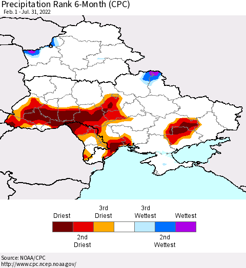 Ukraine, Moldova and Belarus Precipitation Rank 6-Month (CPC) Thematic Map For 2/1/2022 - 7/31/2022
