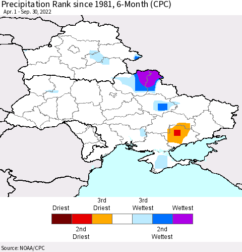 Ukraine, Moldova and Belarus Precipitation Rank since 1981, 6-Month (CPC) Thematic Map For 4/1/2022 - 9/30/2022