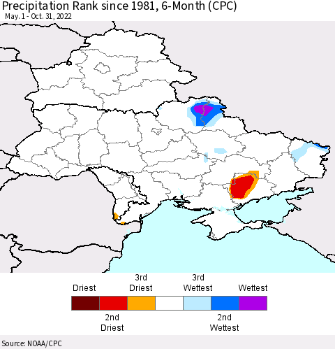 Ukraine, Moldova and Belarus Precipitation Rank 6-Month (CPC) Thematic Map For 5/1/2022 - 10/31/2022