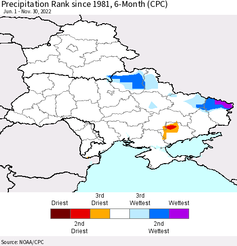 Ukraine, Moldova and Belarus Precipitation Rank 6-Month (CPC) Thematic Map For 6/1/2022 - 11/30/2022