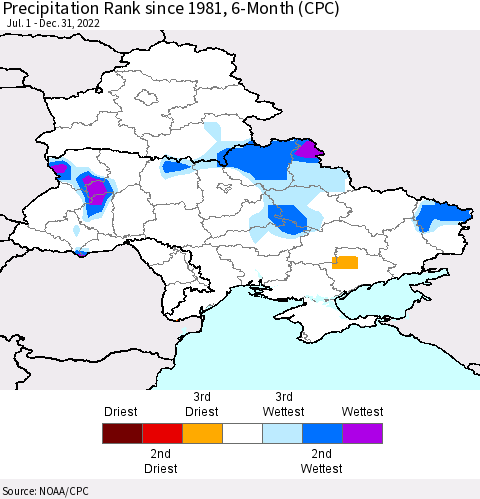 Ukraine, Moldova and Belarus Precipitation Rank 6-Month (CPC) Thematic Map For 7/1/2022 - 12/31/2022