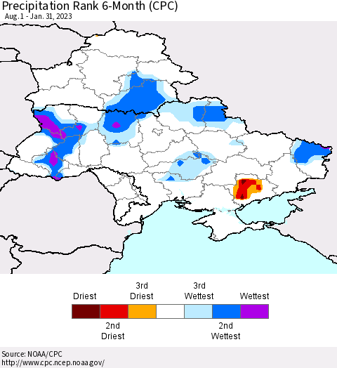 Ukraine, Moldova and Belarus Precipitation Rank since 1981, 6-Month (CPC) Thematic Map For 8/1/2022 - 1/31/2023
