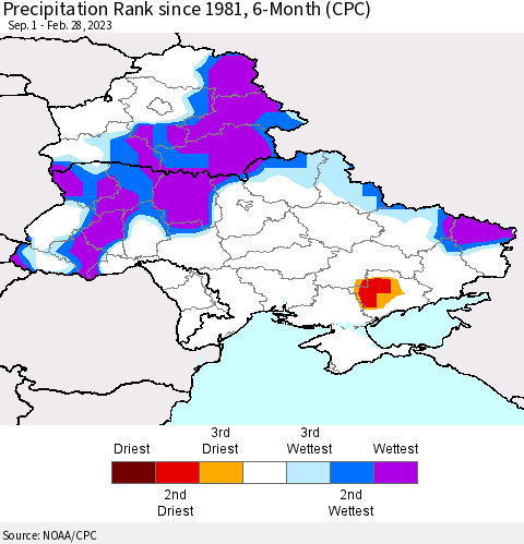 Ukraine, Moldova and Belarus Precipitation Rank since 1981, 6-Month (CPC) Thematic Map For 9/1/2022 - 2/28/2023