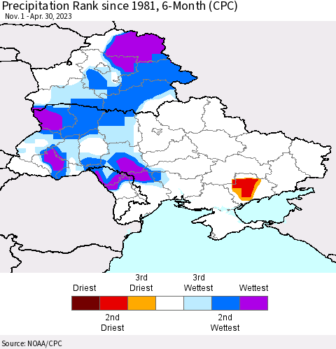Ukraine, Moldova and Belarus Precipitation Rank since 1981, 6-Month (CPC) Thematic Map For 11/1/2022 - 4/30/2023