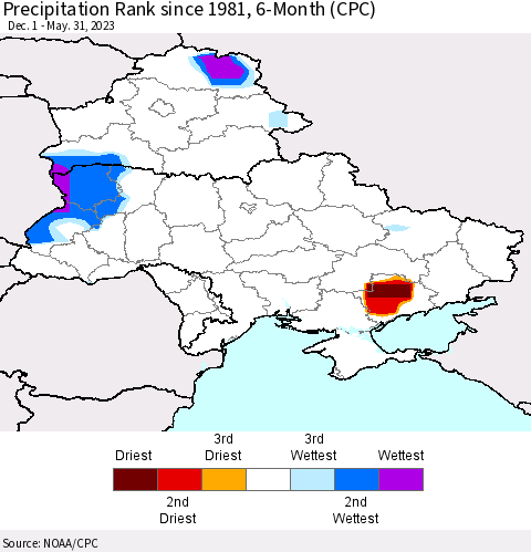 Ukraine, Moldova and Belarus Precipitation Rank since 1981, 6-Month (CPC) Thematic Map For 12/1/2022 - 5/31/2023