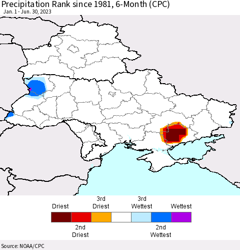 Ukraine, Moldova and Belarus Precipitation Rank since 1981, 6-Month (CPC) Thematic Map For 1/1/2023 - 6/30/2023