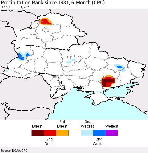 Ukraine, Moldova and Belarus Precipitation Rank since 1981, 6-Month (CPC) Thematic Map For 2/1/2023 - 7/31/2023