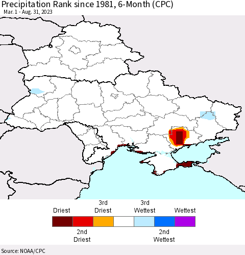 Ukraine, Moldova and Belarus Precipitation Rank since 1981, 6-Month (CPC) Thematic Map For 3/1/2023 - 8/31/2023