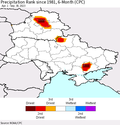 Ukraine, Moldova and Belarus Precipitation Rank since 1981, 6-Month (CPC) Thematic Map For 4/1/2023 - 9/30/2023