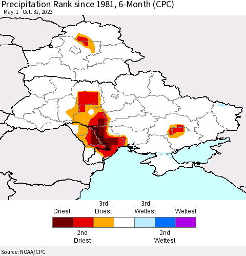 Ukraine, Moldova and Belarus Precipitation Rank since 1981, 6-Month (CPC) Thematic Map For 5/1/2023 - 10/31/2023