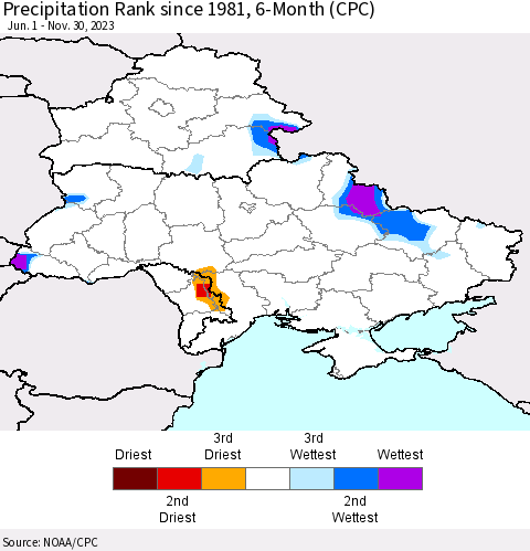 Ukraine, Moldova and Belarus Precipitation Rank since 1981, 6-Month (CPC) Thematic Map For 6/1/2023 - 11/30/2023