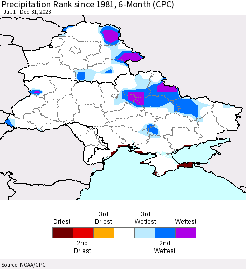 Ukraine, Moldova and Belarus Precipitation Rank since 1981, 6-Month (CPC) Thematic Map For 7/1/2023 - 12/31/2023