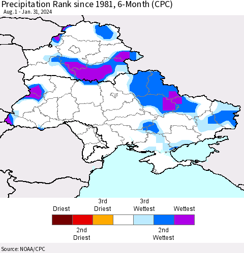 Ukraine, Moldova and Belarus Precipitation Rank since 1981, 6-Month (CPC) Thematic Map For 8/1/2023 - 1/31/2024