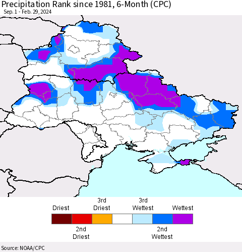 Ukraine, Moldova and Belarus Precipitation Rank since 1981, 6-Month (CPC) Thematic Map For 9/1/2023 - 2/29/2024