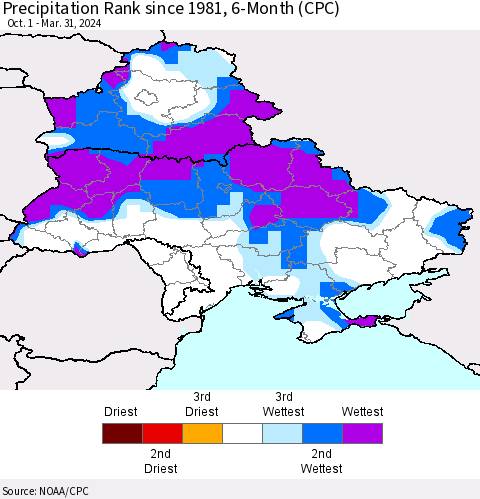 Ukraine, Moldova and Belarus Precipitation Rank since 1981, 6-Month (CPC) Thematic Map For 10/1/2023 - 3/31/2024