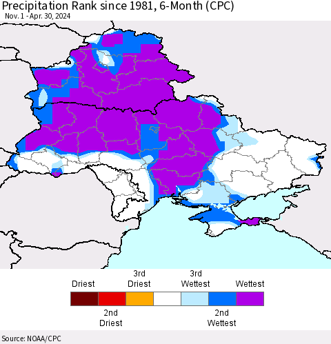 Ukraine, Moldova and Belarus Precipitation Rank since 1981, 6-Month (CPC) Thematic Map For 11/1/2023 - 4/30/2024