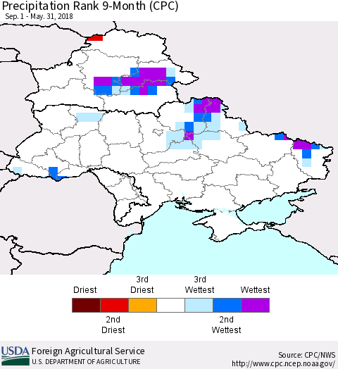 Ukraine, Moldova and Belarus Precipitation Rank since 1981, 9-Month (CPC) Thematic Map For 9/1/2017 - 5/31/2018