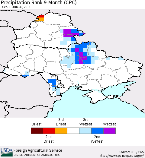 Ukraine, Moldova and Belarus Precipitation Rank since 1981, 9-Month (CPC) Thematic Map For 10/1/2017 - 6/30/2018