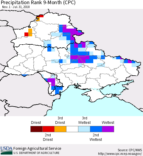 Ukraine, Moldova and Belarus Precipitation Rank since 1981, 9-Month (CPC) Thematic Map For 11/1/2017 - 7/31/2018
