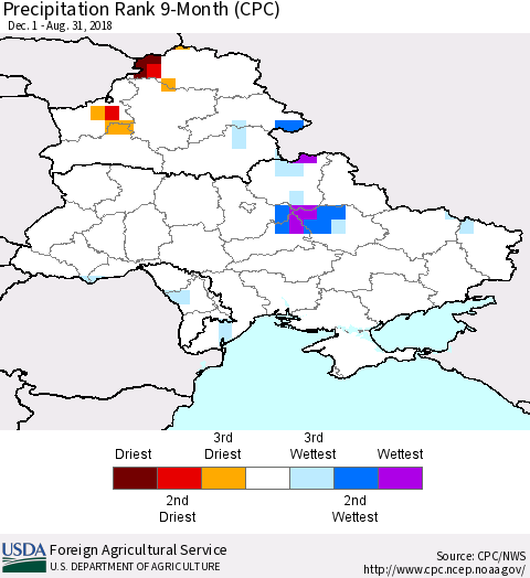 Ukraine, Moldova and Belarus Precipitation Rank since 1981, 9-Month (CPC) Thematic Map For 12/1/2017 - 8/31/2018
