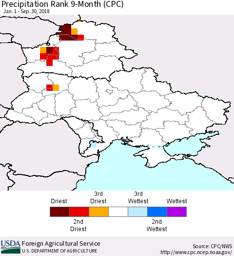 Ukraine, Moldova and Belarus Precipitation Rank since 1981, 9-Month (CPC) Thematic Map For 1/1/2018 - 9/30/2018