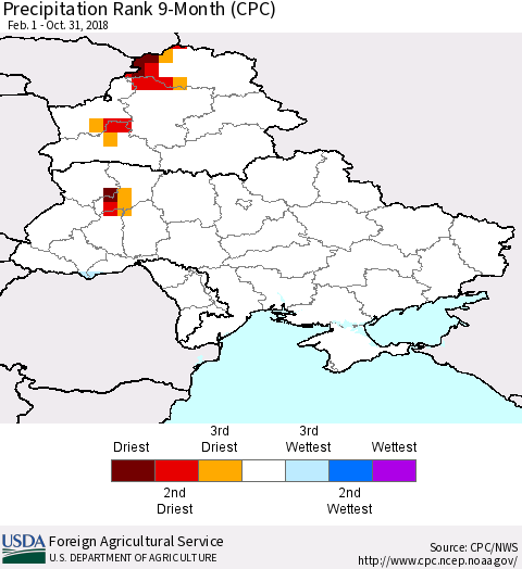 Ukraine, Moldova and Belarus Precipitation Rank since 1981, 9-Month (CPC) Thematic Map For 2/1/2018 - 10/31/2018