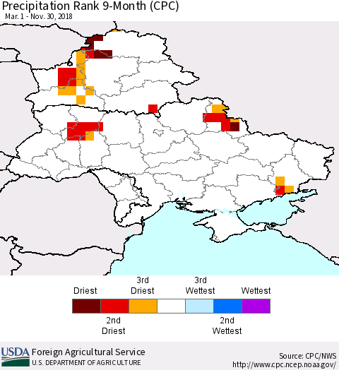 Ukraine, Moldova and Belarus Precipitation Rank since 1981, 9-Month (CPC) Thematic Map For 3/1/2018 - 11/30/2018