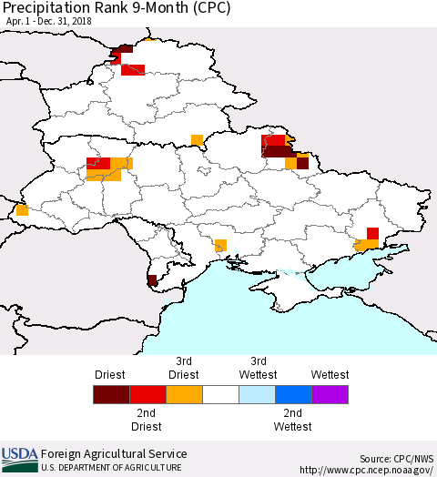 Ukraine, Moldova and Belarus Precipitation Rank since 1981, 9-Month (CPC) Thematic Map For 4/1/2018 - 12/31/2018