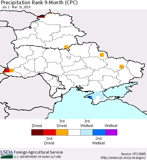 Ukraine, Moldova and Belarus Precipitation Rank since 1981, 9-Month (CPC) Thematic Map For 7/1/2018 - 3/31/2019