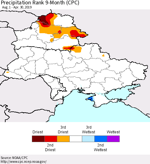 Ukraine, Moldova and Belarus Precipitation Rank since 1981, 9-Month (CPC) Thematic Map For 8/1/2018 - 4/30/2019