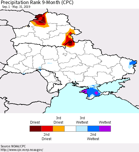 Ukraine, Moldova and Belarus Precipitation Rank since 1981, 9-Month (CPC) Thematic Map For 9/1/2018 - 5/31/2019