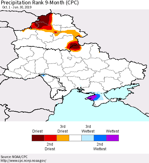 Ukraine, Moldova and Belarus Precipitation Rank 9-Month (CPC) Thematic Map For 10/1/2018 - 6/30/2019