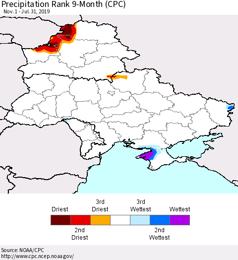 Ukraine, Moldova and Belarus Precipitation Rank 9-Month (CPC) Thematic Map For 11/1/2018 - 7/31/2019
