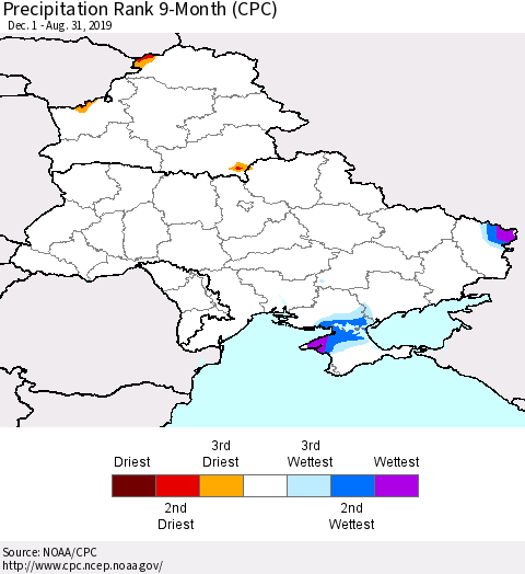 Ukraine, Moldova and Belarus Precipitation Rank since 1981, 9-Month (CPC) Thematic Map For 12/1/2018 - 8/31/2019