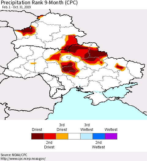 Ukraine, Moldova and Belarus Precipitation Rank 9-Month (CPC) Thematic Map For 2/1/2019 - 10/31/2019