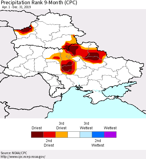 Ukraine, Moldova and Belarus Precipitation Rank since 1981, 9-Month (CPC) Thematic Map For 4/1/2019 - 12/31/2019