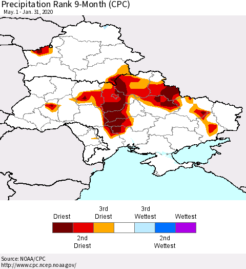 Ukraine, Moldova and Belarus Precipitation Rank 9-Month (CPC) Thematic Map For 5/1/2019 - 1/31/2020
