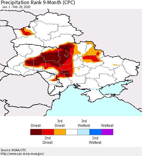 Ukraine, Moldova and Belarus Precipitation Rank since 1981, 9-Month (CPC) Thematic Map For 6/1/2019 - 2/29/2020