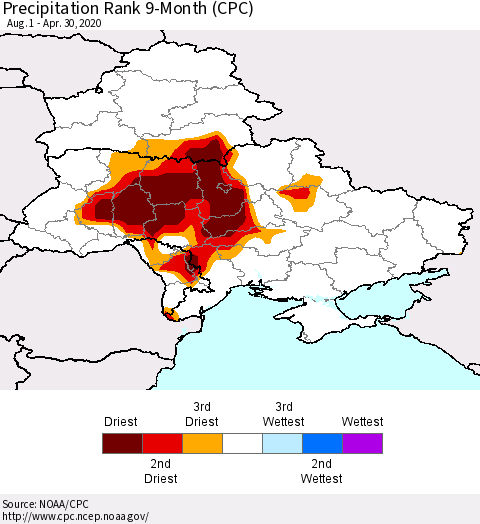 Ukraine, Moldova and Belarus Precipitation Rank 9-Month (CPC) Thematic Map For 8/1/2019 - 4/30/2020