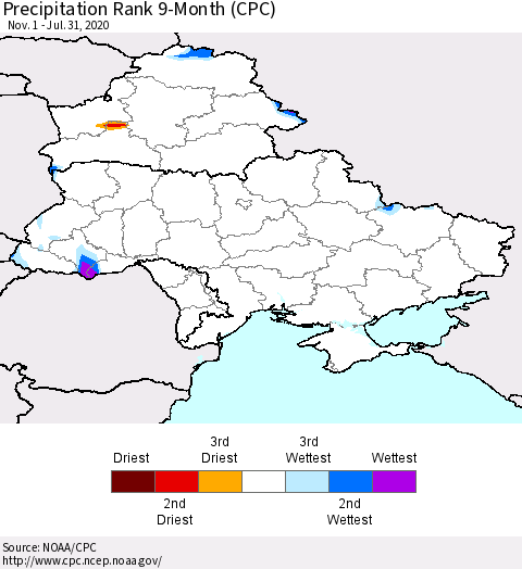 Ukraine, Moldova and Belarus Precipitation Rank since 1981, 9-Month (CPC) Thematic Map For 11/1/2019 - 7/31/2020