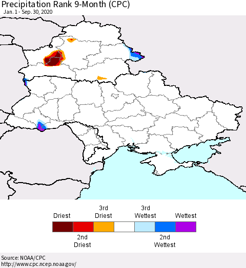 Ukraine, Moldova and Belarus Precipitation Rank 9-Month (CPC) Thematic Map For 1/1/2020 - 9/30/2020