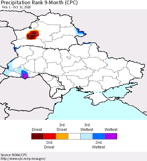 Ukraine, Moldova and Belarus Precipitation Rank since 1981, 9-Month (CPC) Thematic Map For 2/1/2020 - 10/31/2020