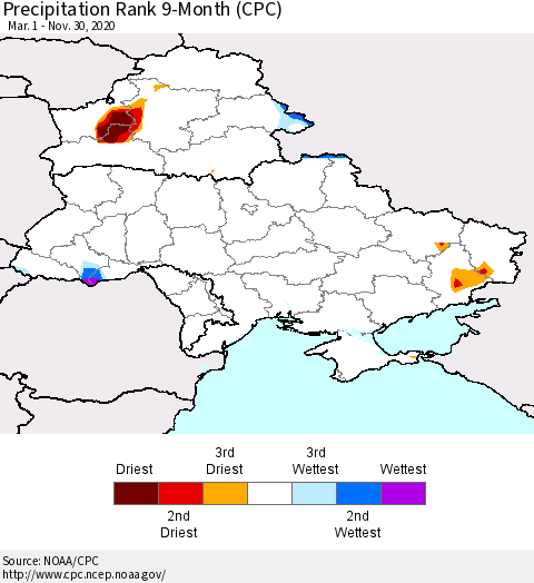 Ukraine, Moldova and Belarus Precipitation Rank 9-Month (CPC) Thematic Map For 3/1/2020 - 11/30/2020
