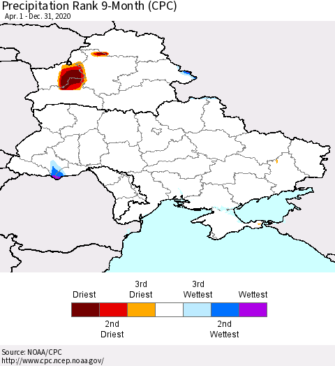 Ukraine, Moldova and Belarus Precipitation Rank 9-Month (CPC) Thematic Map For 4/1/2020 - 12/31/2020