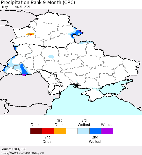 Ukraine, Moldova and Belarus Precipitation Rank 9-Month (CPC) Thematic Map For 5/1/2020 - 1/31/2021