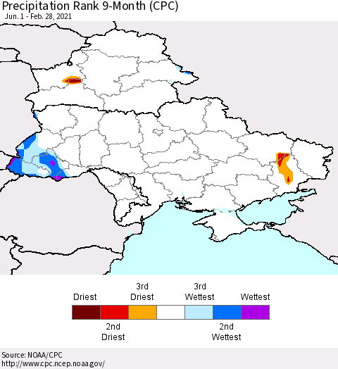 Ukraine, Moldova and Belarus Precipitation Rank since 1981, 9-Month (CPC) Thematic Map For 6/1/2020 - 2/28/2021