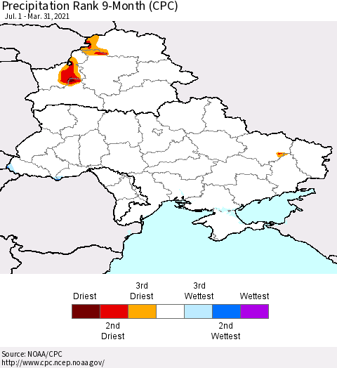 Ukraine, Moldova and Belarus Precipitation Rank 9-Month (CPC) Thematic Map For 7/1/2020 - 3/31/2021